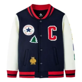 Baseballová bundy s barevnými bloky a výšivkou, asijské velikosti „Navy White Red“ Baseballová bundy s barevnými bloky a výšivkou, asijské velikosti „Navy White Red“